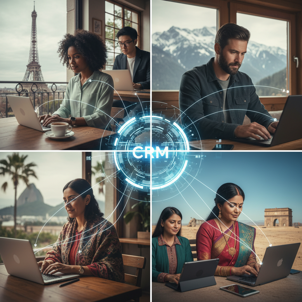 A diverse team of professionals working remotely on laptops in different global locations, connected by a central digital interface representing CRM, showcasing seamless collaboration and data flow, photorealistic.