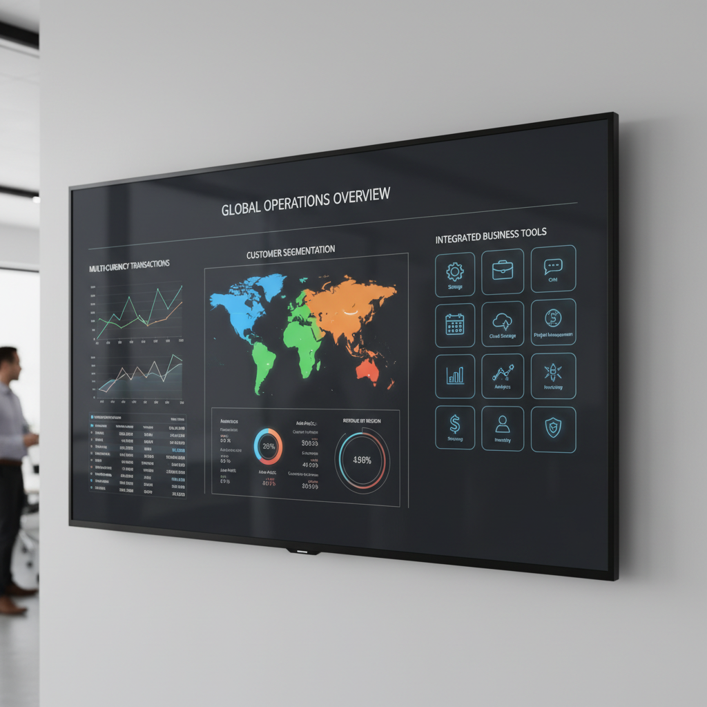 A detailed dashboard showing multi-currency transactions, global customer data segmentation by region, and various integrated business tools icons, illustrating efficiency and organized data management, clean UI, photorealistic.