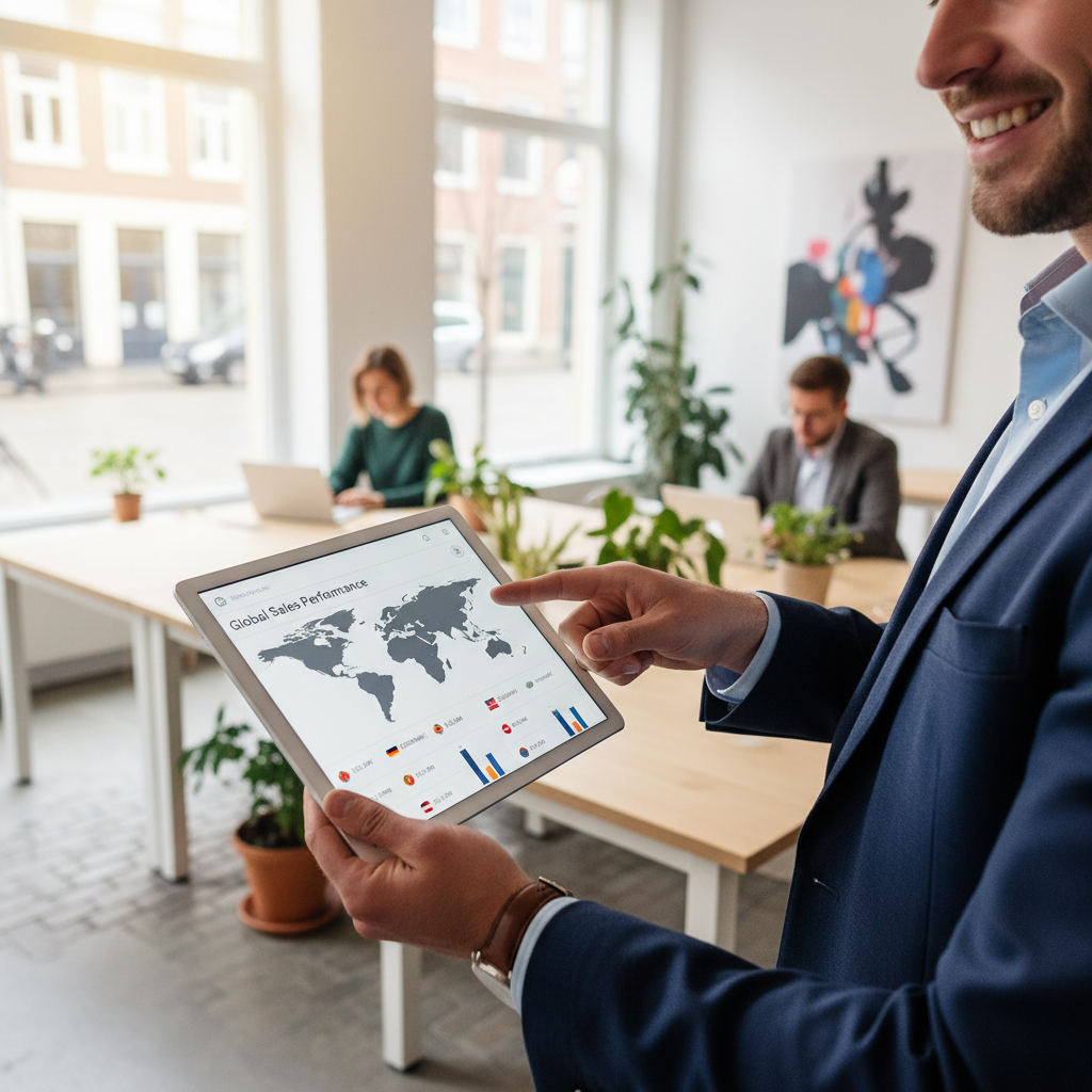 A user confidently interacting with a modern, clean CRM interface displaying international sales data on a tablet, with a blurred background showing a bright, airy co-working space in a European city, photorealistic.