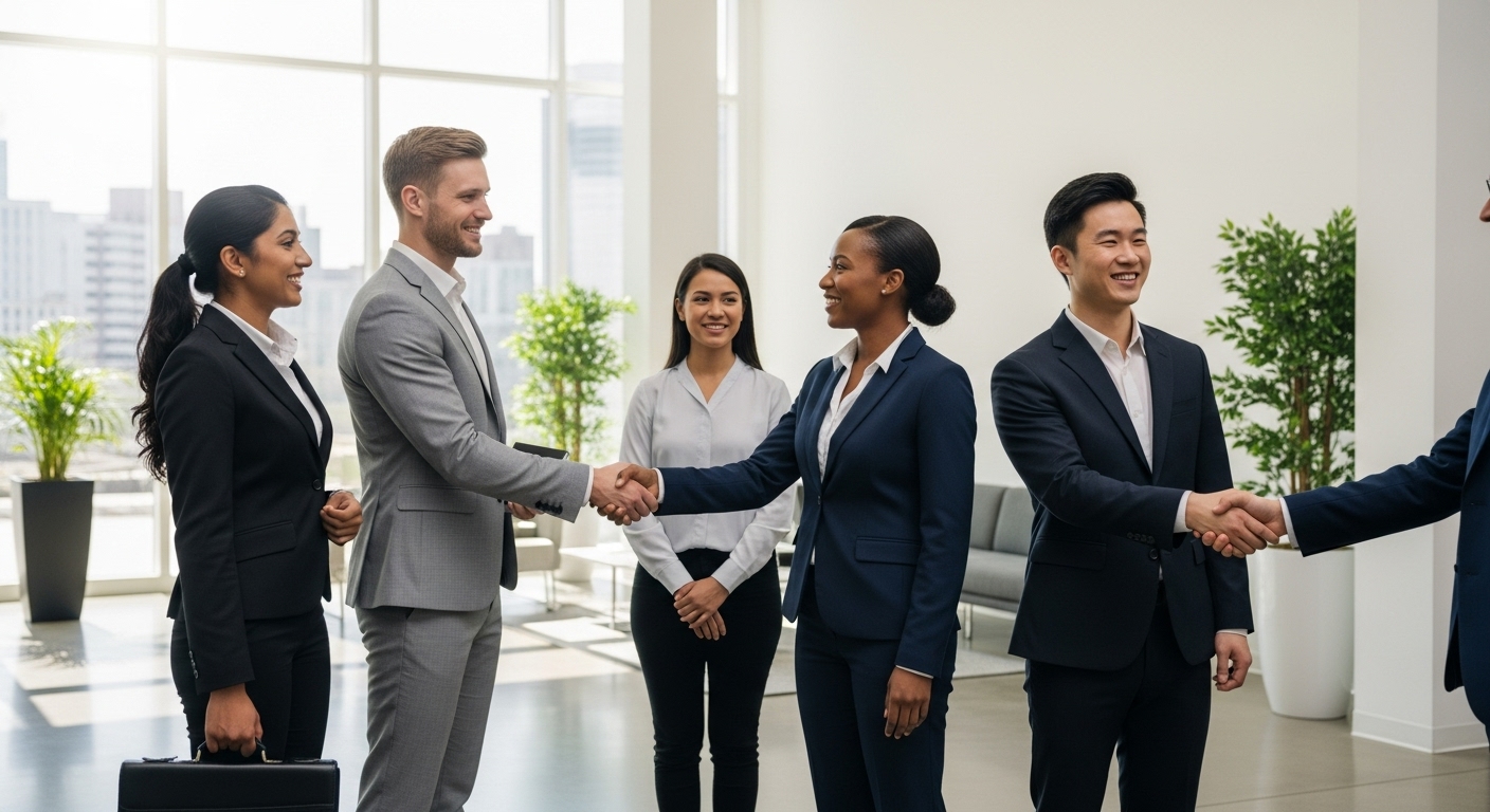 A diverse group of professional people, some with briefcases, shaking hands in a modern, well-lit office lobby, representing legal consultation and positive outcomes. Photorealistic, soft natural lighting.