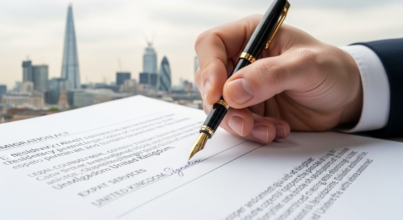 A close-up shot of a legal document being signed with a fountain pen, with a blurred background of a modern UK cityscape, symbolizing important legal decisions for expats. Focus on the pen and document.