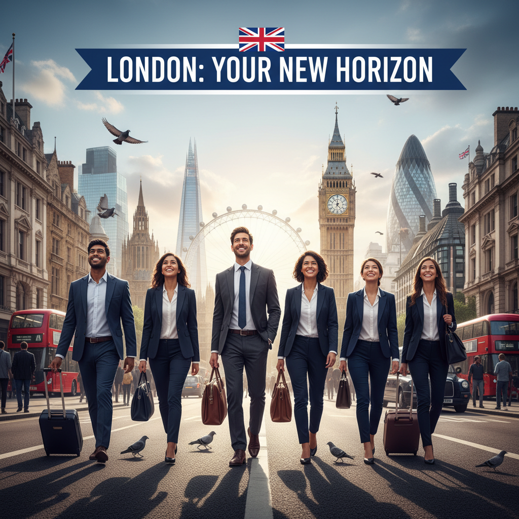 A diverse group of young professionals from various ethnic backgrounds smiling and looking optimistic while walking on a bustling street in London, with iconic UK landmarks in the background, symbolizing successful relocation. Vibrant, daylight scene.
