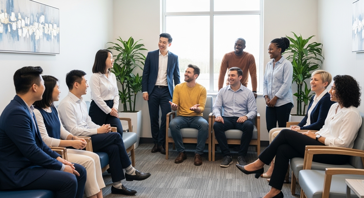 A diverse group of expats smiling and chatting in a modern, well-lit medical waiting room, looking relaxed and happy, photorealistic.