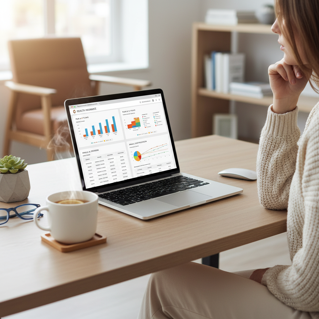 A person using a laptop to compare different health insurance plans, with charts and data on the screen, a cup of tea nearby, at a modern desk, photorealistic.