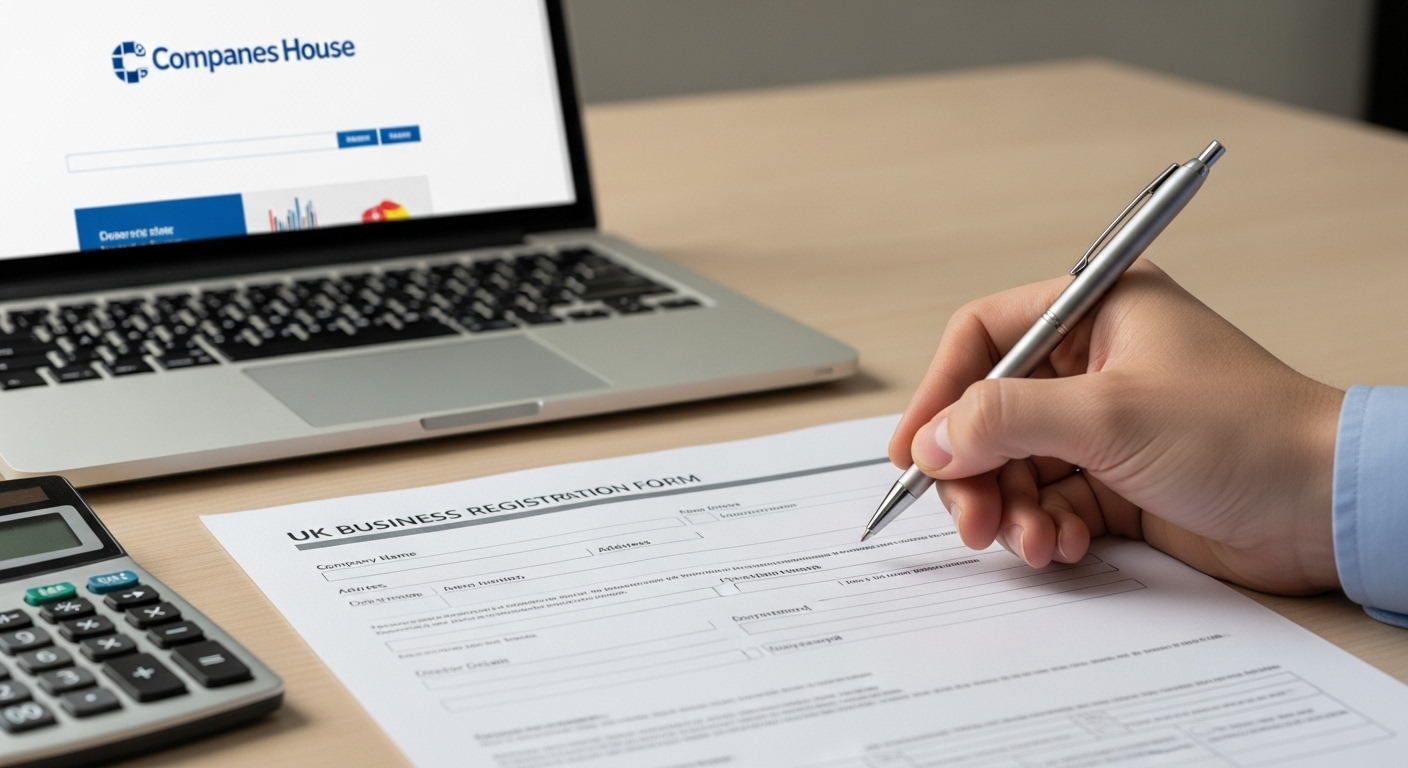 A close-up shot of a hand filling out a UK business registration form with a pen, surrounded by a laptop showing Companies House website and a calculator, on a modern desk. Soft office lighting, professional. Photorealistic.