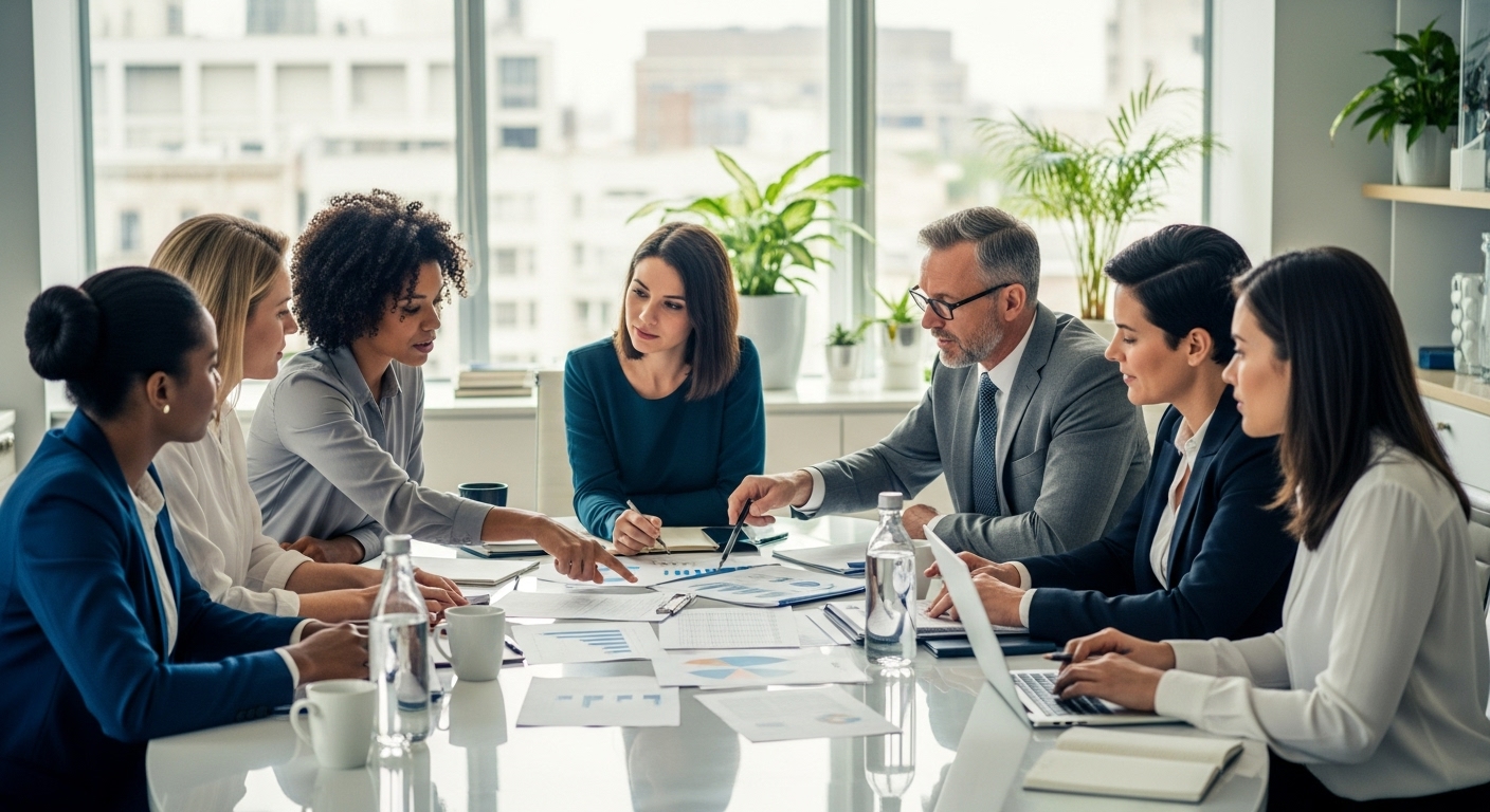 A diverse team of professionals in a contemporary office setting, having a productive meeting, discussing legal documents and financial spreadsheets. Bright, collaborative atmosphere. Photorealistic, high detail.
