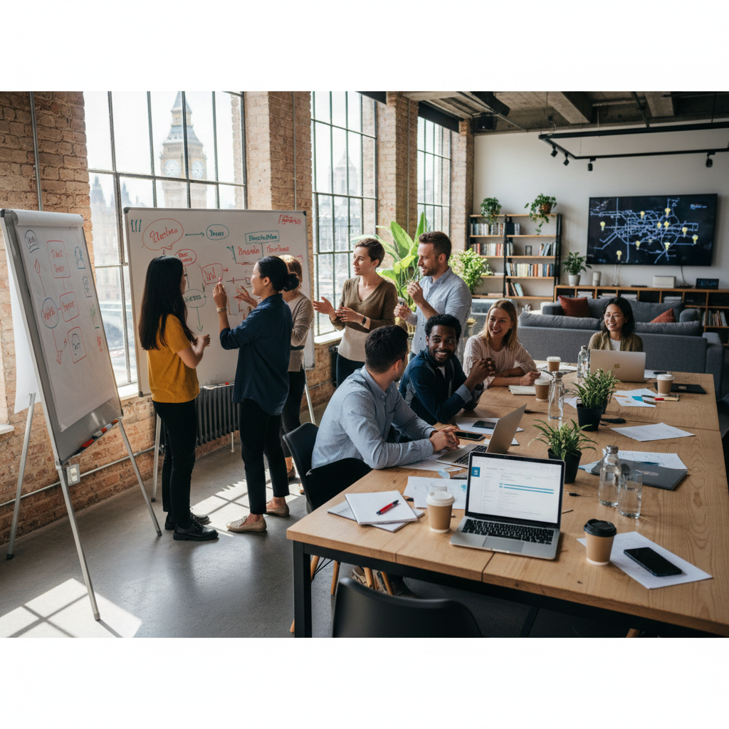 A diverse group of expat entrepreneurs brainstorming excitedly in a modern, light-filled co-working space in London, UK, with laptops and whiteboards, realistic photography
