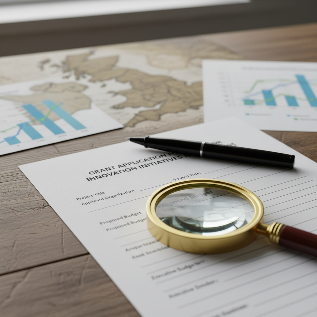 A close-up shot of a grant application form on a wooden desk, with a pen, a magnifying glass, and a blurred background featuring a subtle map of the UK and financial charts, realistic and detailed