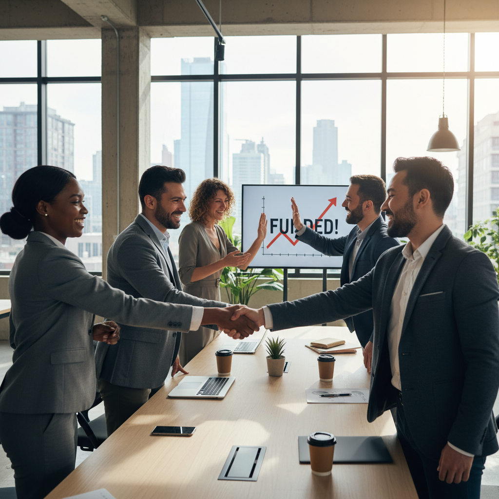 A diverse group of entrepreneurs, including people of various ethnicities and backgrounds, celebrating after a successful funding pitch, shaking hands with investors in a bright, modern office, a sense of accomplishment and collaboration, photorealistic