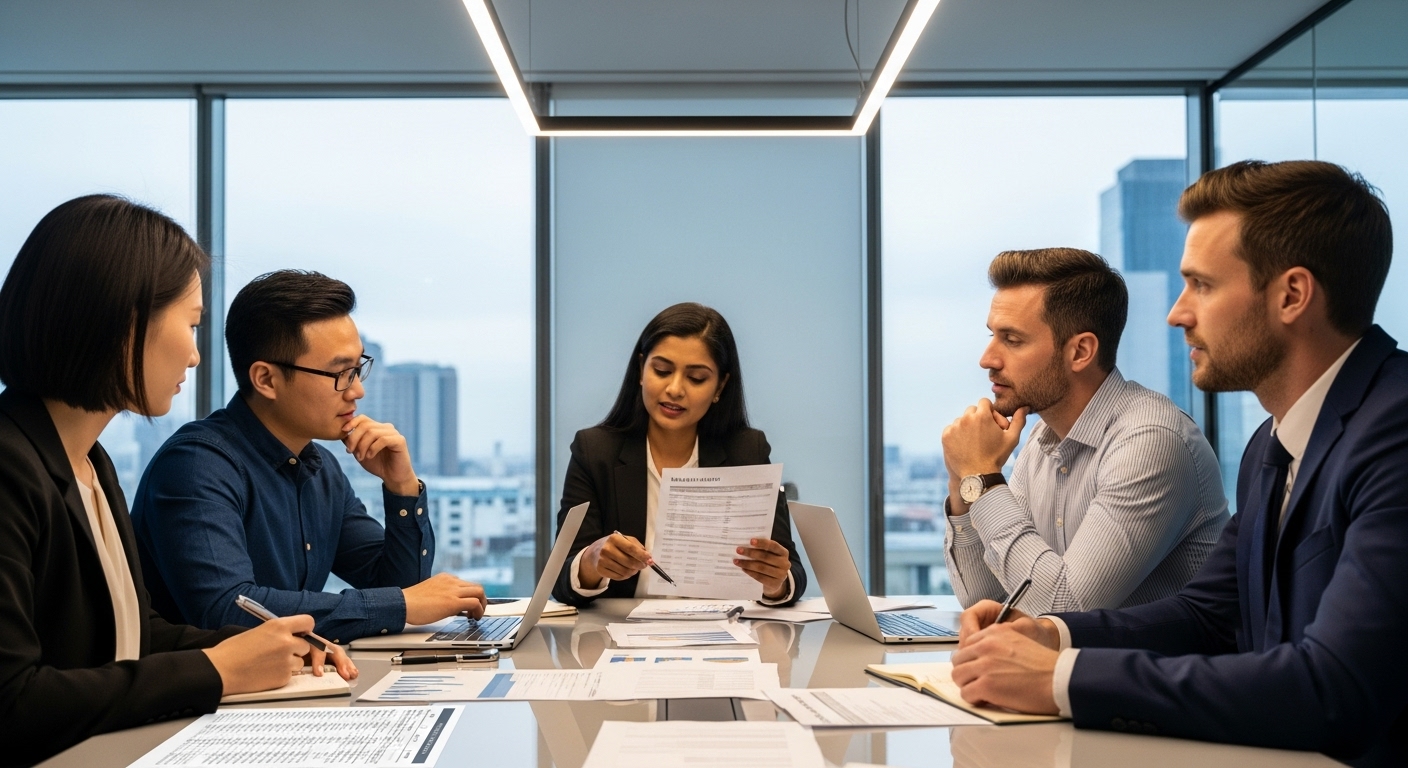 A diverse group of expat professionals from various countries reviewing financial documents and discussing mortgage options around a modern conference table, bright and well-lit office, photorealistic.