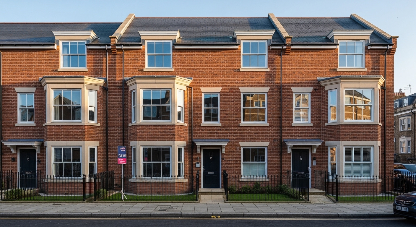 A modern, desirable townhouse in a bustling UK city, a 'For Sale' sign subtly visible, with sunlight reflecting on the windows, indicating a good investment, photorealistic.