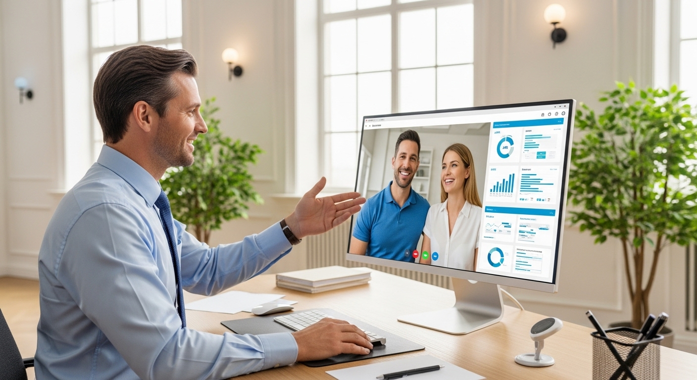 A friendly mortgage advisor in a modern, light-filled office talking to a smiling expat couple via a video call on a large screen, clearly explaining complex financial terms, photorealistic.