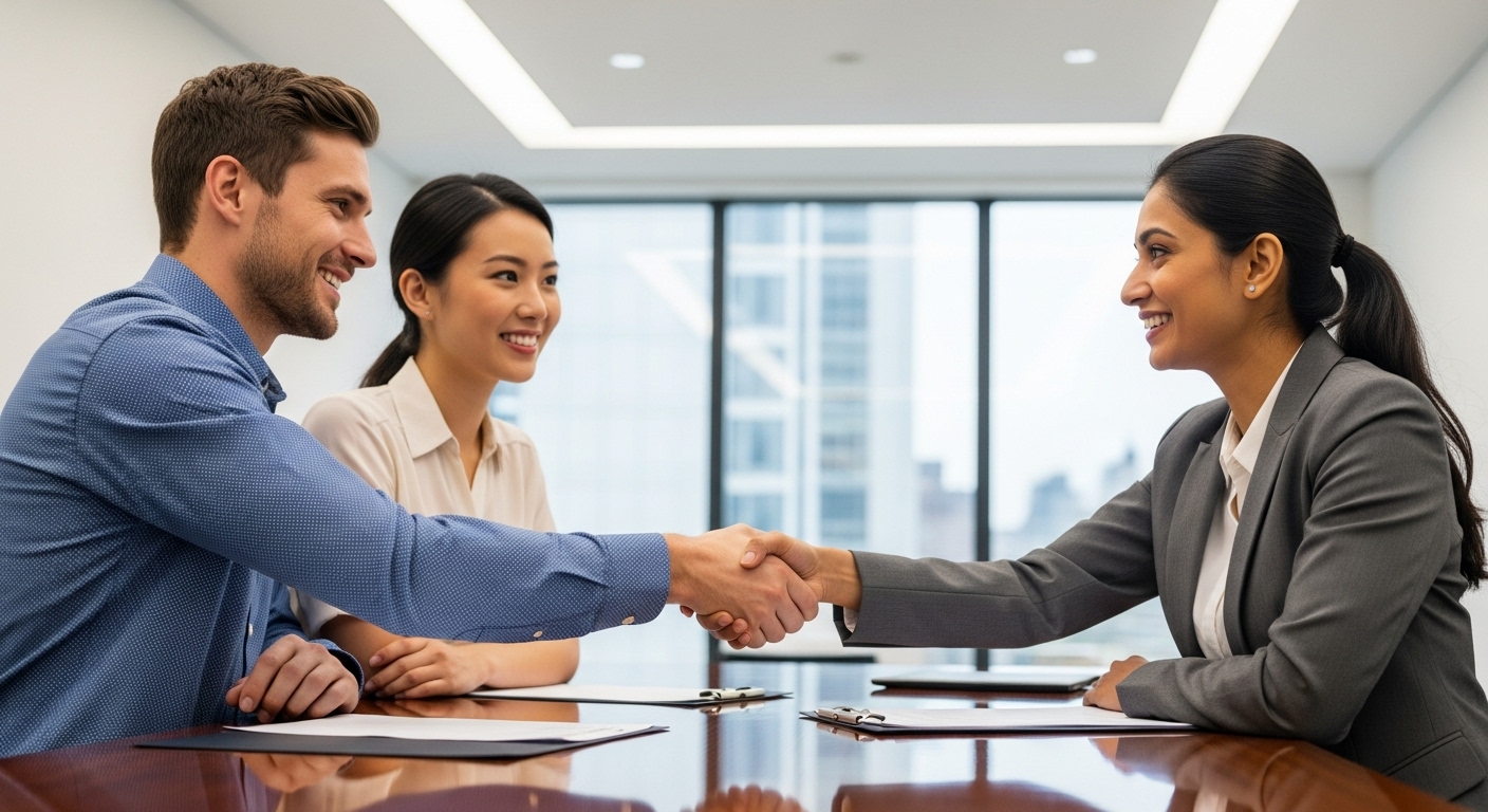 A diverse group of people, an expat couple and a tax advisor, happily shaking hands across a polished desk in a modern, bright office, symbolizing trust, successful collaboration, and relief after a financial consultation. Photorealistic.