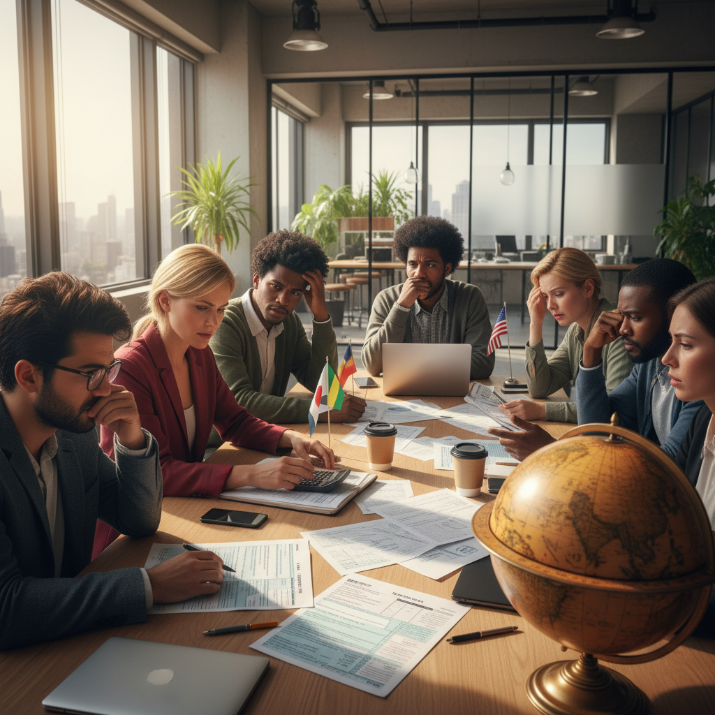 A diverse group of people from different countries looking puzzled at complex tax forms on a table, a globe nearby, bright and modern office setting, photorealistic.