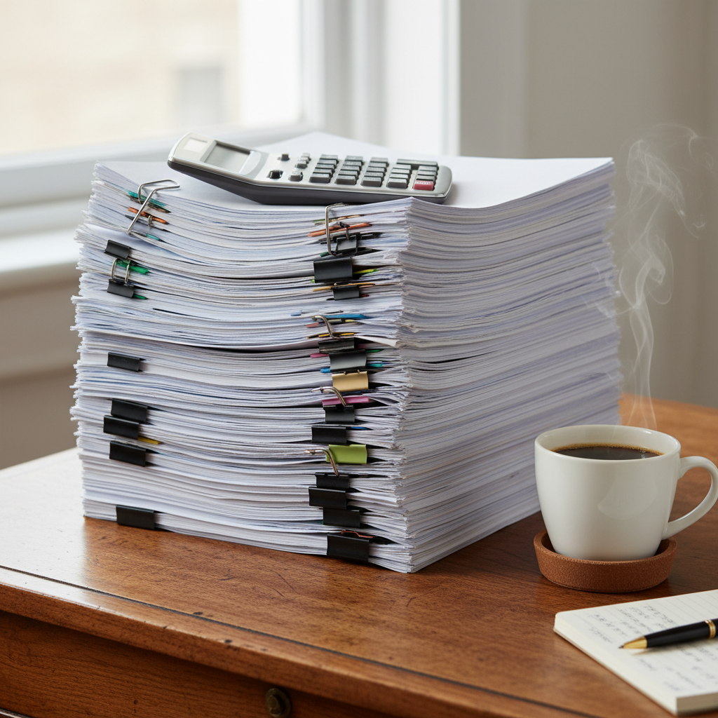 A stack of neatly organized financial documents and a calculator on a wooden desk, a cup of coffee nearby, representing efficiency and organization, photorealistic.