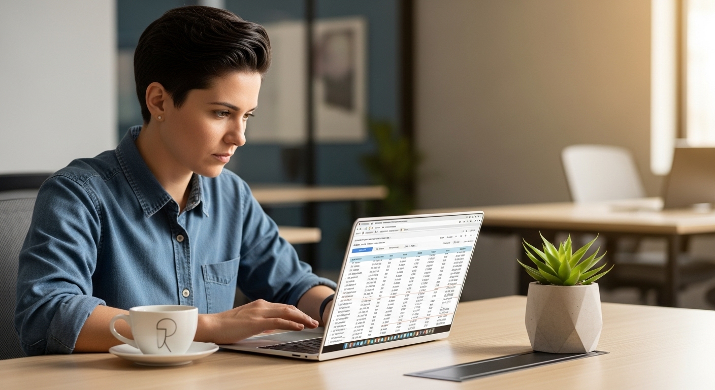 A person sitting at a modern desk, reviewing financial statements on a laptop with a focused expression. A cup of coffee and a minimalist plant are on the desk. The background shows a soft-focus office environment. Photorealistic, high detail.