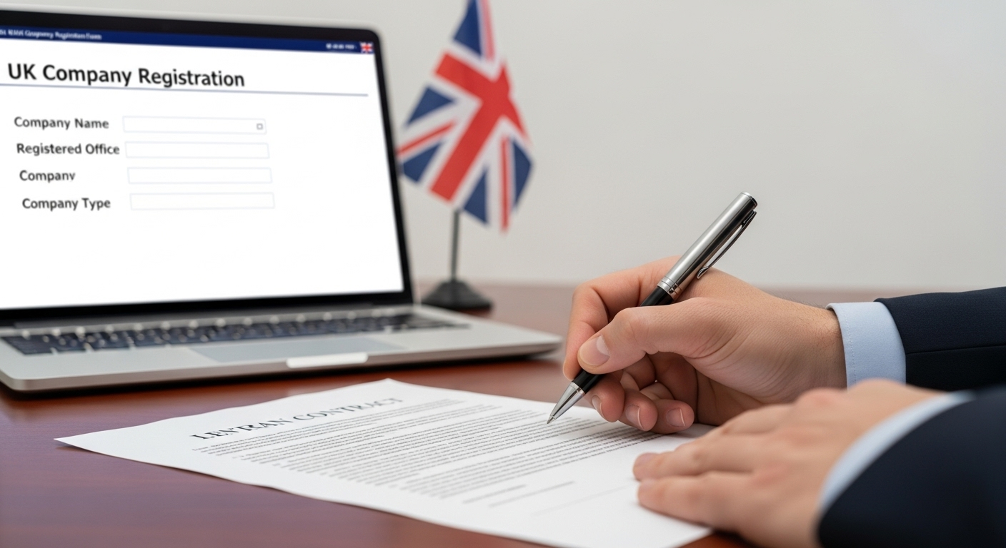A close-up of hands signing legal documents with a blurred background of a UK flag and a laptop showing a company registration form. Photorealistic, bright lighting, professional setting.