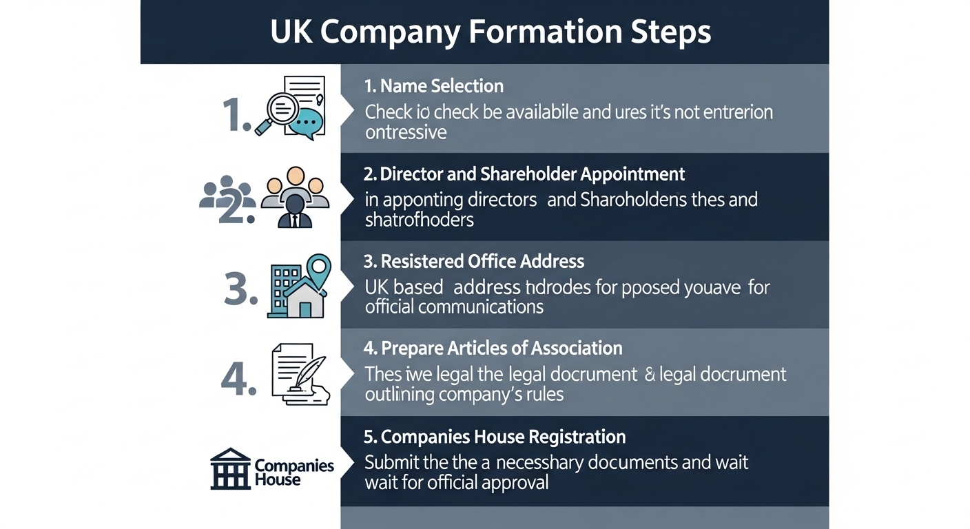 An infographic illustrating the steps of UK company formation, with icons representing name selection, director appointment, and Companies House registration. Clean, modern design, professional, easy to understand.