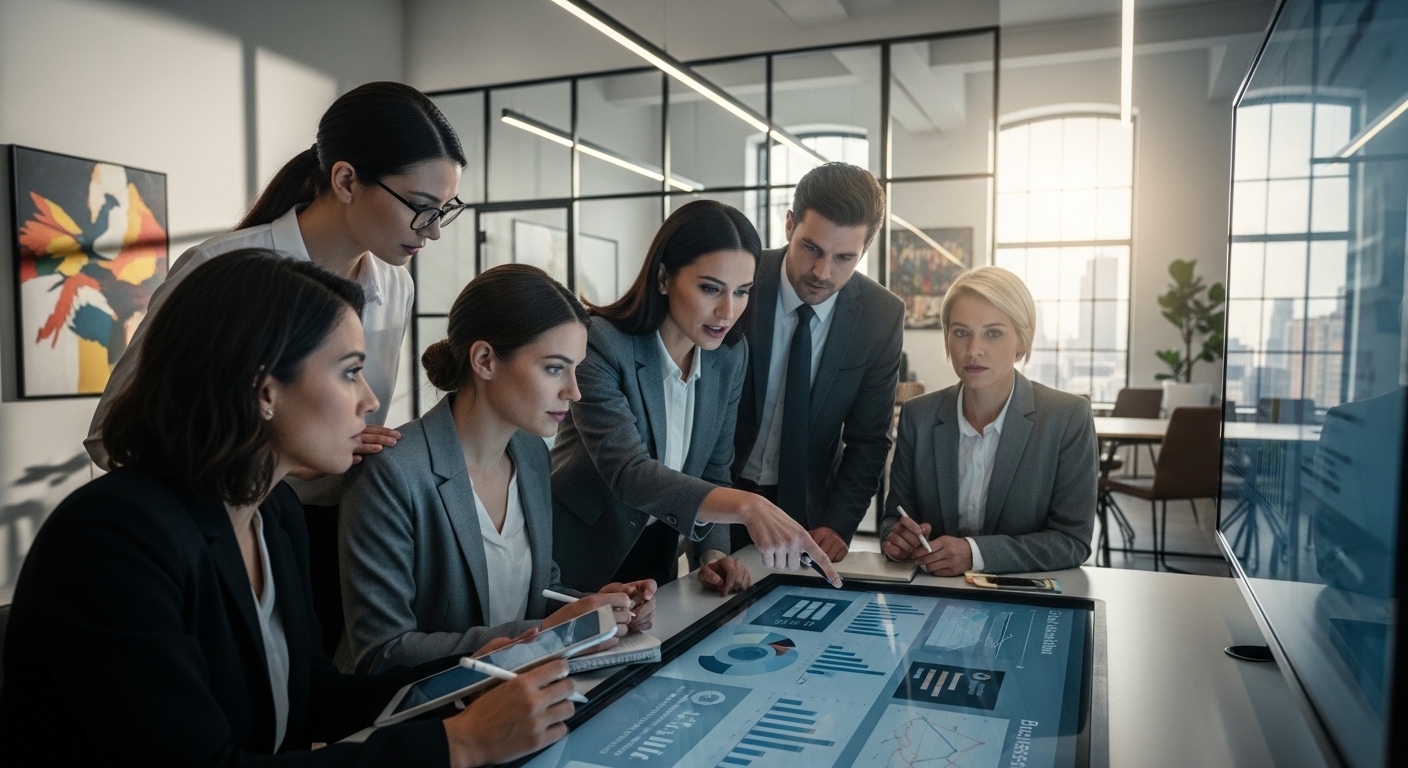 A diverse group of business professionals in a modern, sleek office discussing a business plan on a large screen, with focus and determination, photorealistic, cinematic lighting