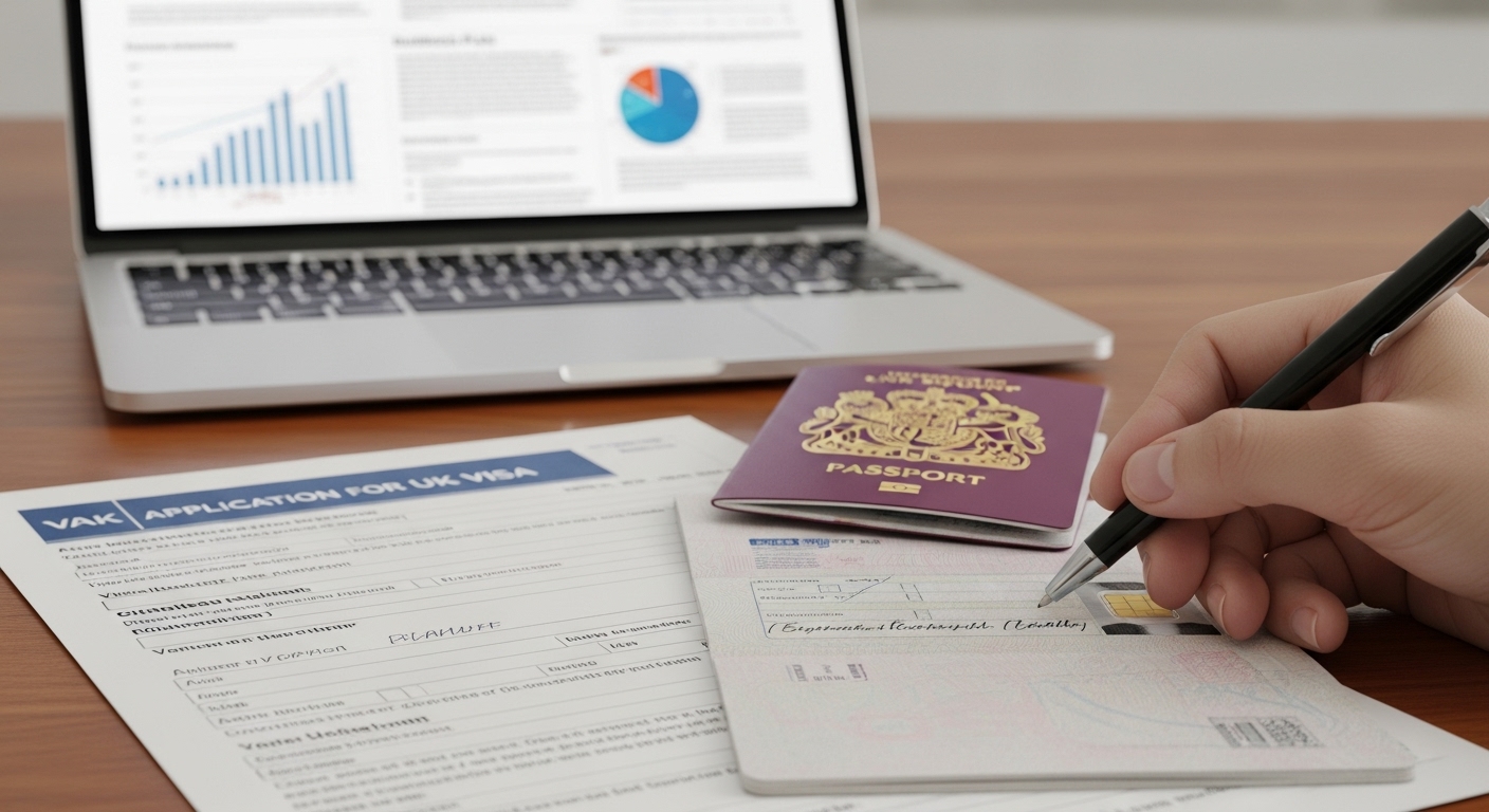 A close-up of a UK visa application form being filled out, with a passport, pen, and a laptop showing a business plan in the background, formal and clear lighting, photorealistic