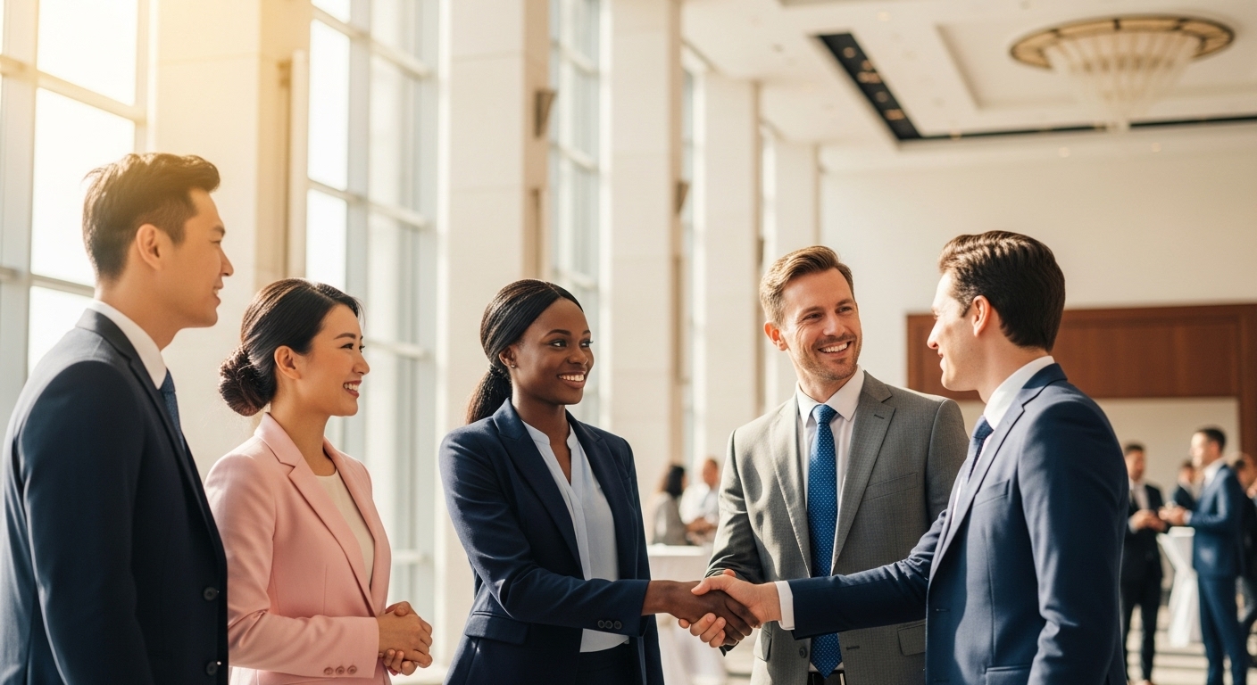 A diverse group of smiling business people from various ethnic backgrounds shaking hands and networking at a sophisticated business conference in a modern venue, natural light, photorealistic