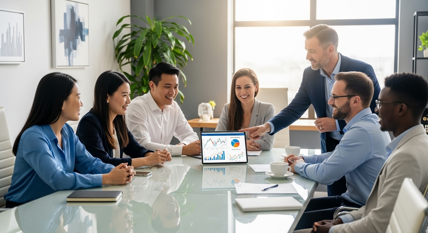 A diverse group of expat professionals, smiling and casually dressed, discussing financial plans with a professional financial advisor in a modern, light-filled office. A digital tablet displays various investment charts. Photorealistic, high-resolution.