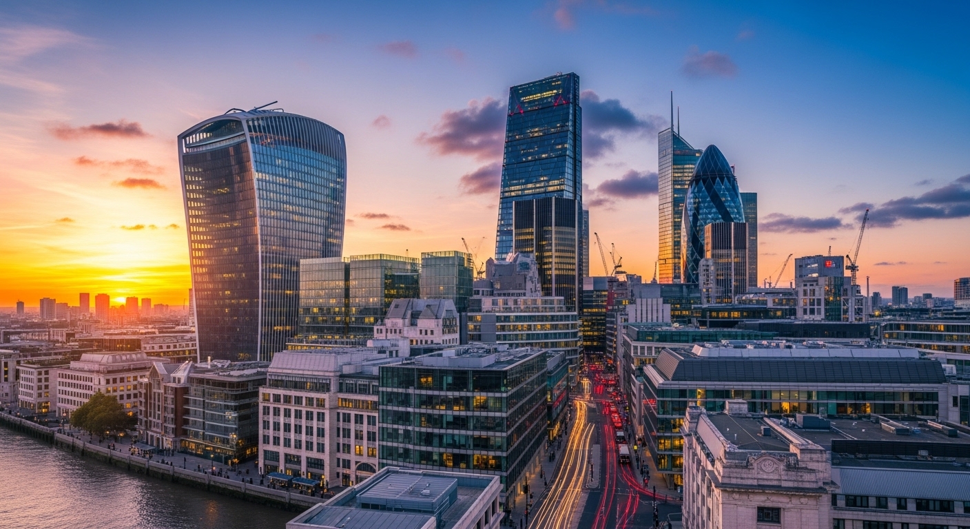 A wide-angle, photorealistic shot of the London financial district skyline at sunset, with modern skyscrapers reflecting the orange glow, symbolizing investment and opportunity. A blur of movement on the streets below. High detail, vibrant colors.