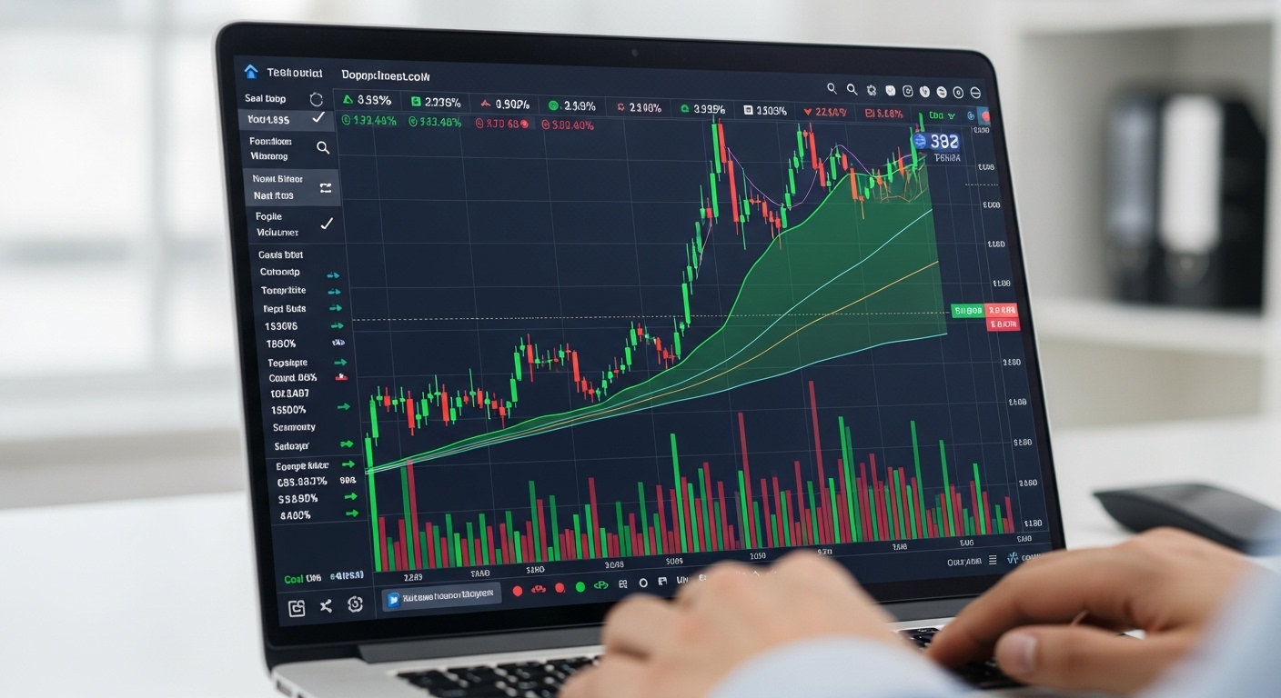 A close-up, photorealistic shot of a laptop screen displaying a detailed stock market chart with green upward trends, overlaid with various financial data points. A pair of hands is lightly resting on a keyboard in the foreground, out of focus. Modern office setting.